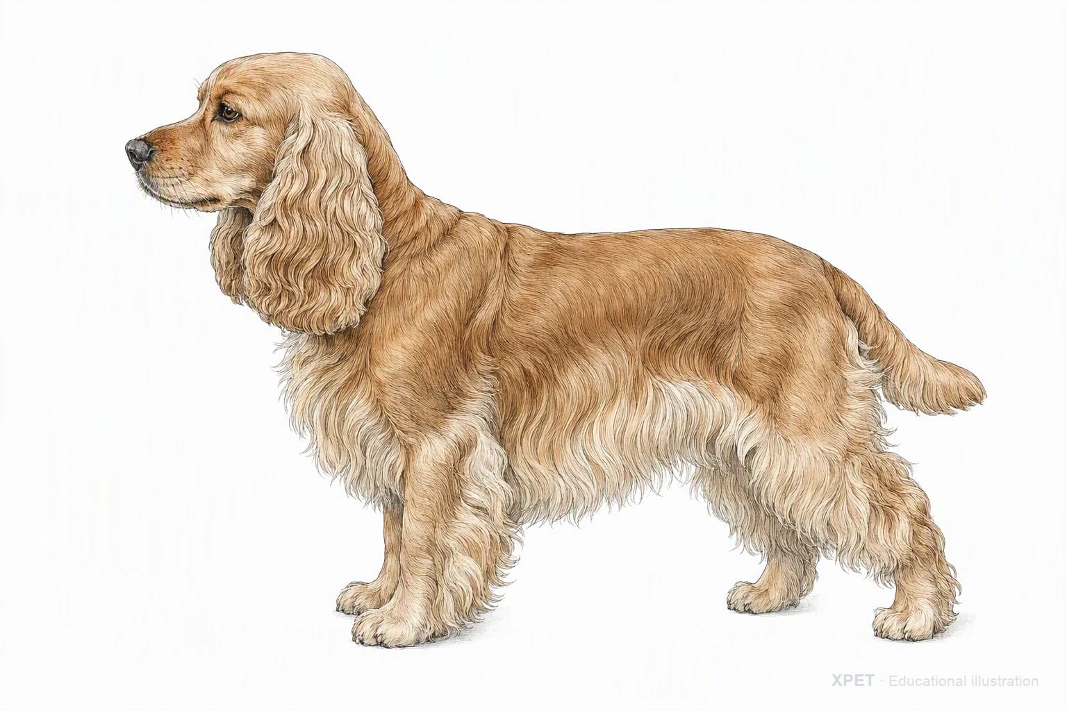 Original XPET engraving and watercolor illustration of Cocker Spaniel: an adult in left-facing profile.