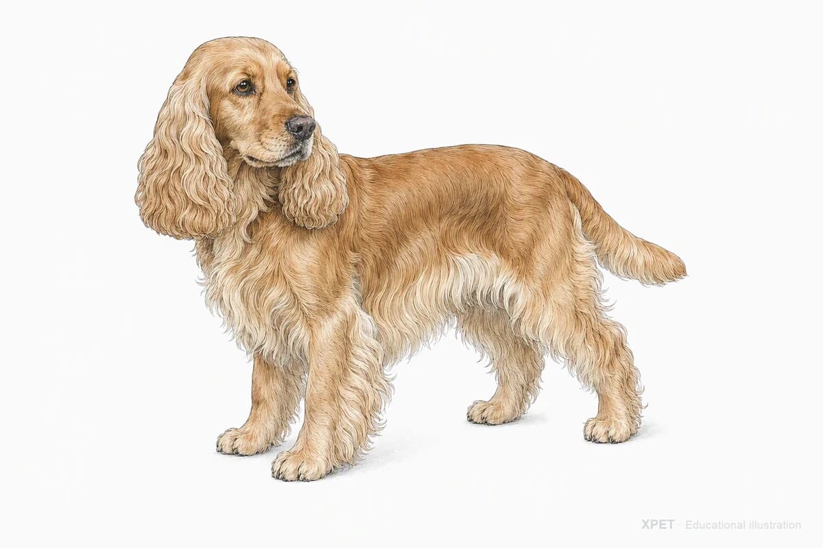 Original XPET engraving and watercolor illustration of Cocker Spaniel: a complete three-quarter standing view.