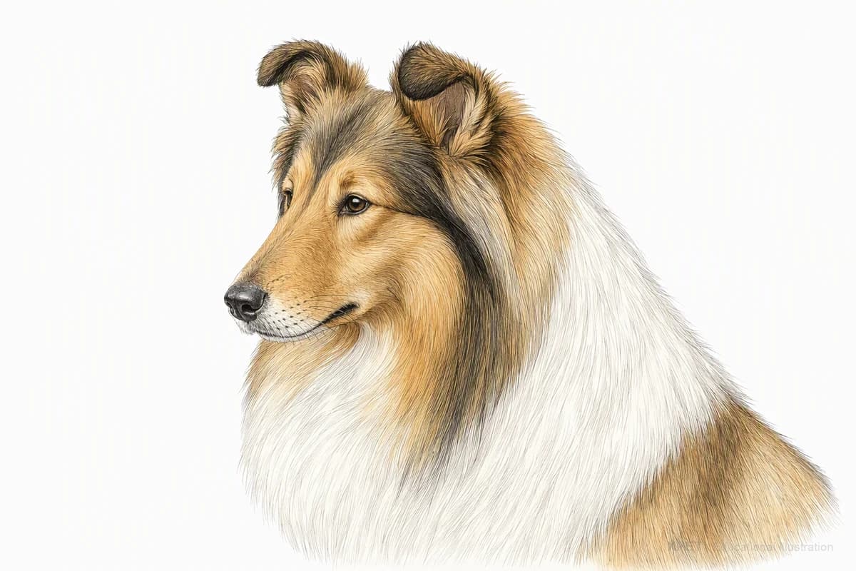 Original XPET engraving and watercolor illustration of Collie: a head and coat detail study.