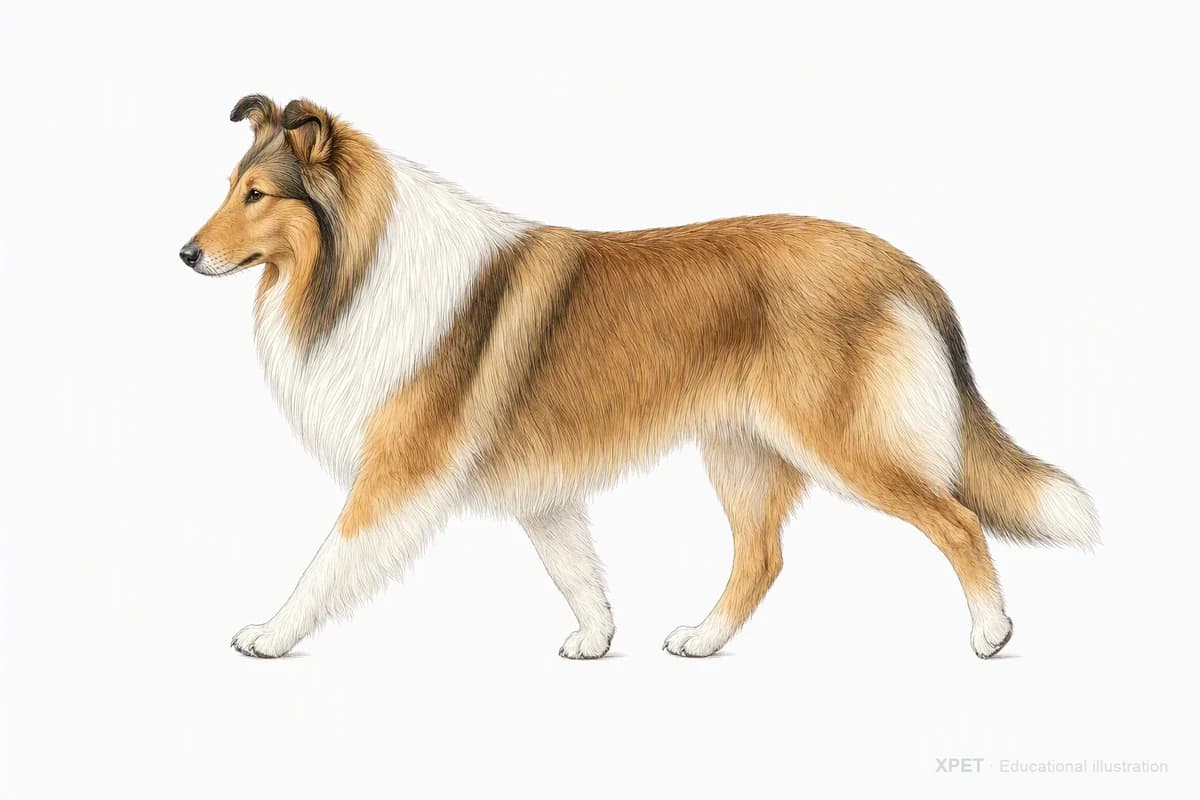 Original XPET engraving and watercolor illustration of Collie: a natural movement study.