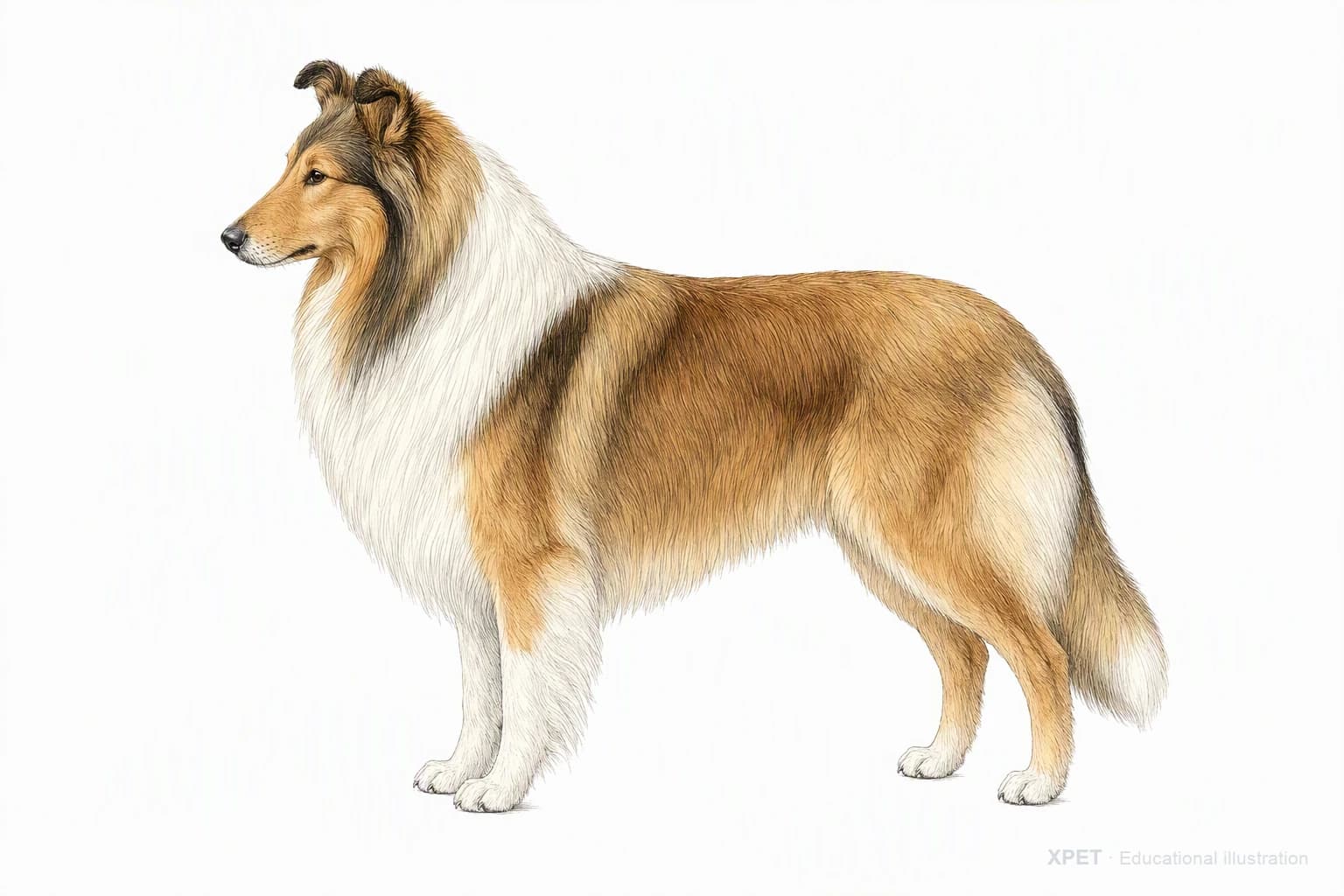 Original XPET engraving and watercolor illustration of Collie: an adult in left-facing profile.