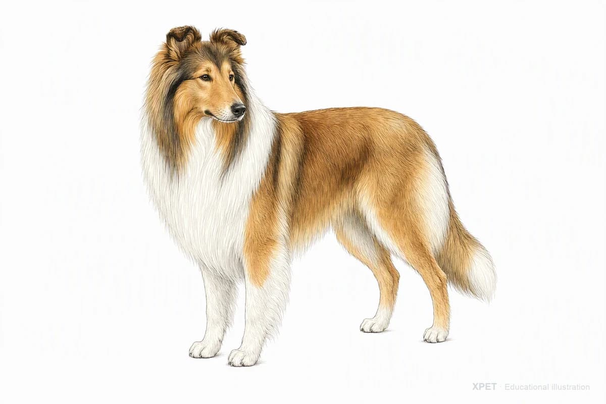 Original XPET engraving and watercolor illustration of Collie: a complete three-quarter standing view.