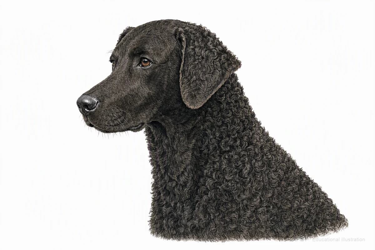 Original XPET engraving and watercolor illustration of Curly-Coated Retriever: a head and coat detail study.