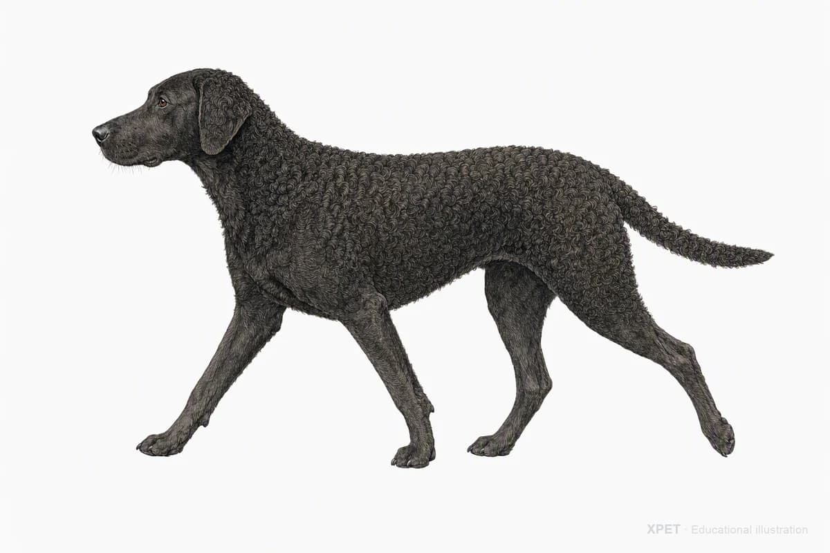 Original XPET engraving and watercolor illustration of Curly-Coated Retriever: a natural movement study.