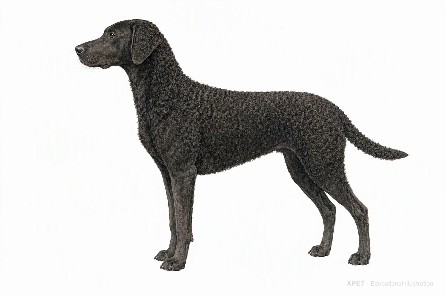 Original XPET engraving and watercolor illustration of Curly-Coated Retriever: an adult in left-facing profile.