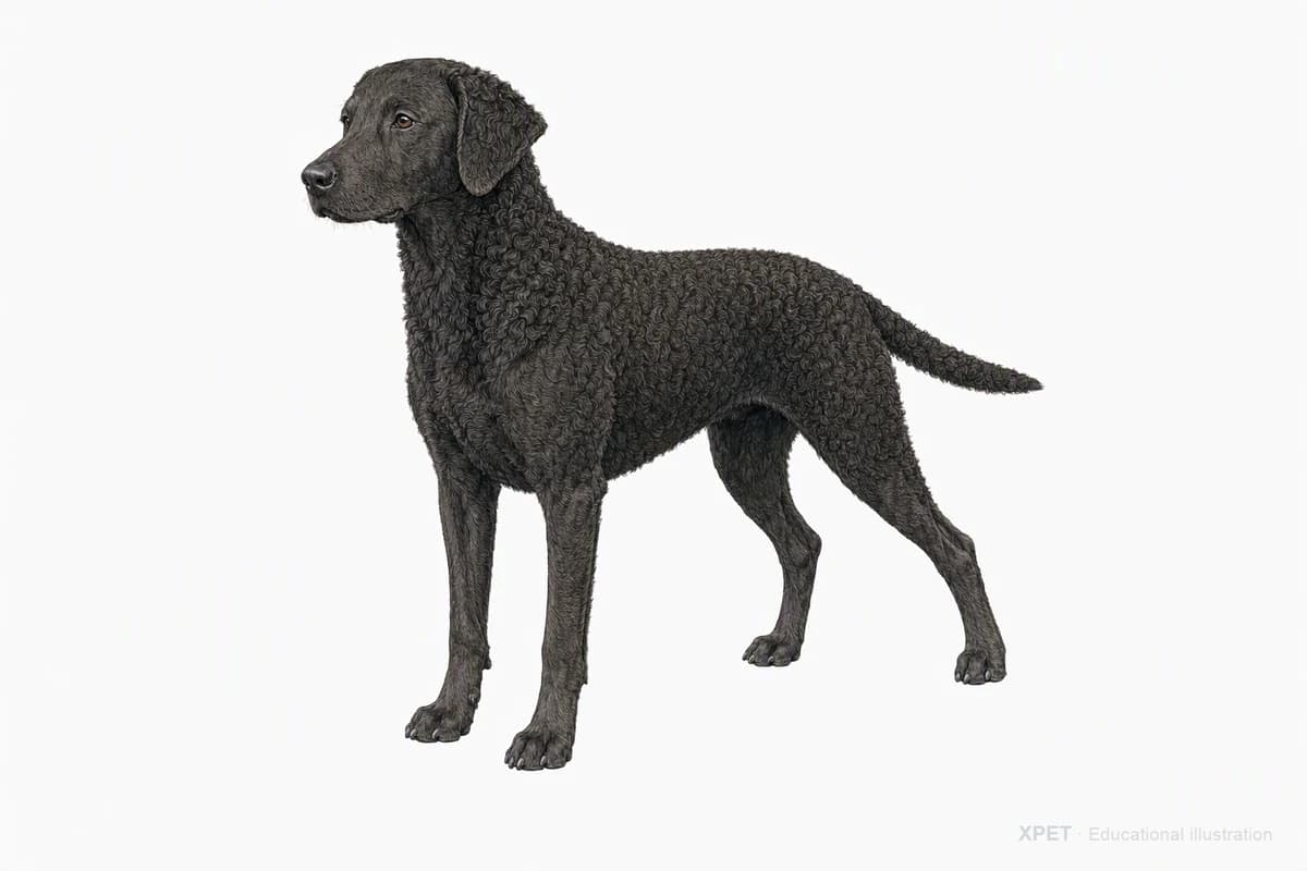 Original XPET engraving and watercolor illustration of Curly-Coated Retriever: a complete three-quarter standing view.