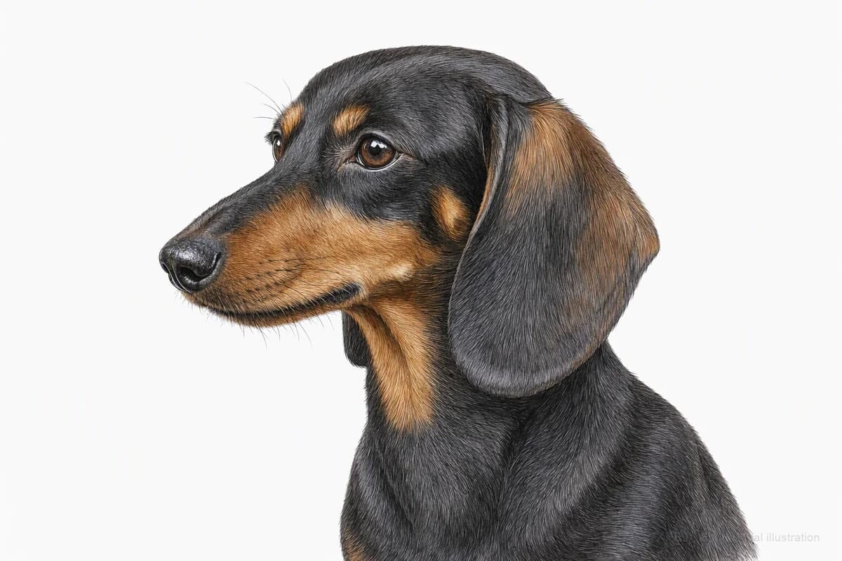 Original XPET engraving and watercolor illustration of Dachshund: a head and coat detail study.