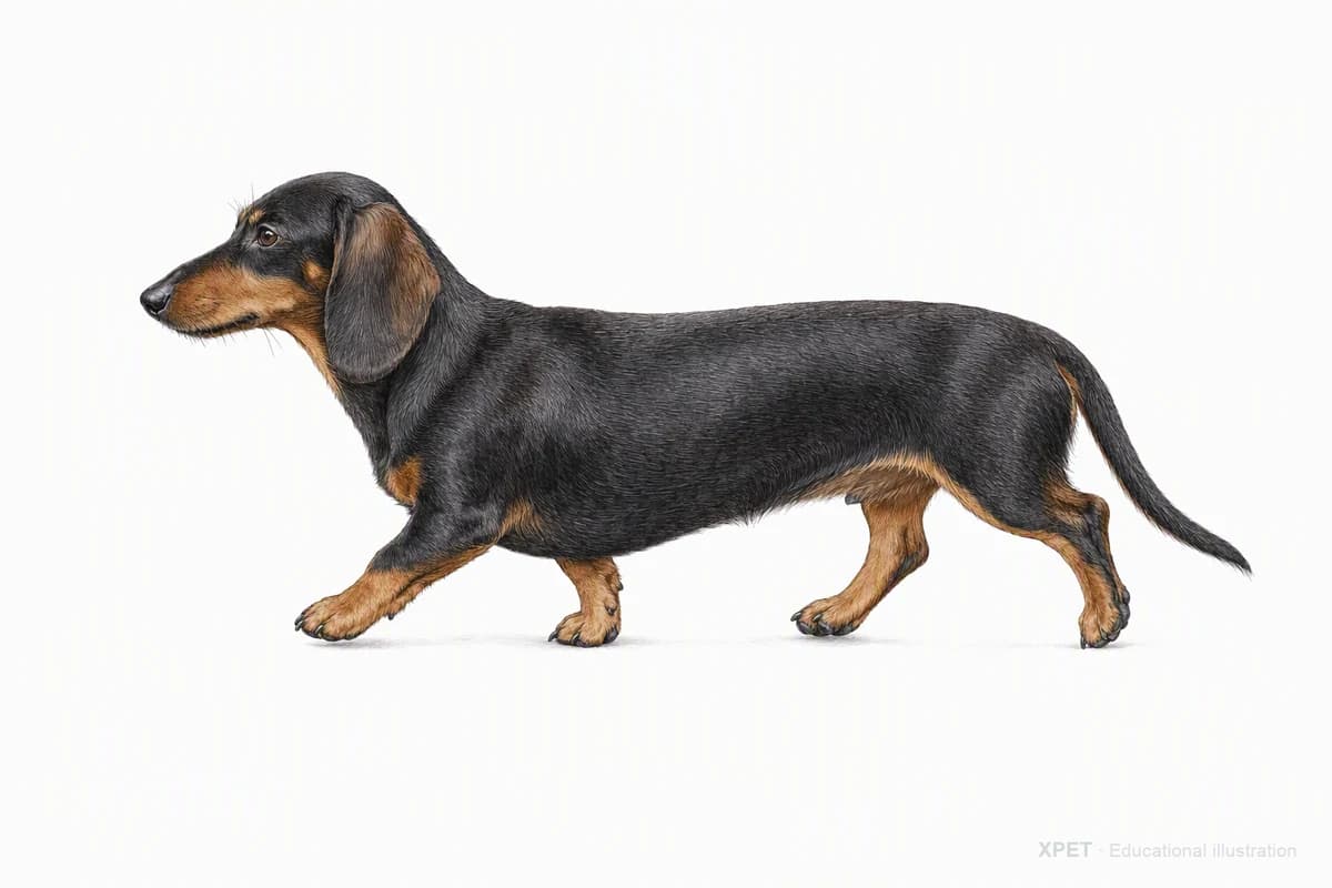 Original XPET engraving and watercolor illustration of Dachshund: a natural movement study.