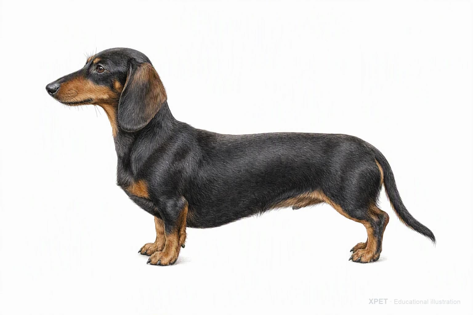 Original XPET engraving and watercolor illustration of Dachshund: an adult in left-facing profile.