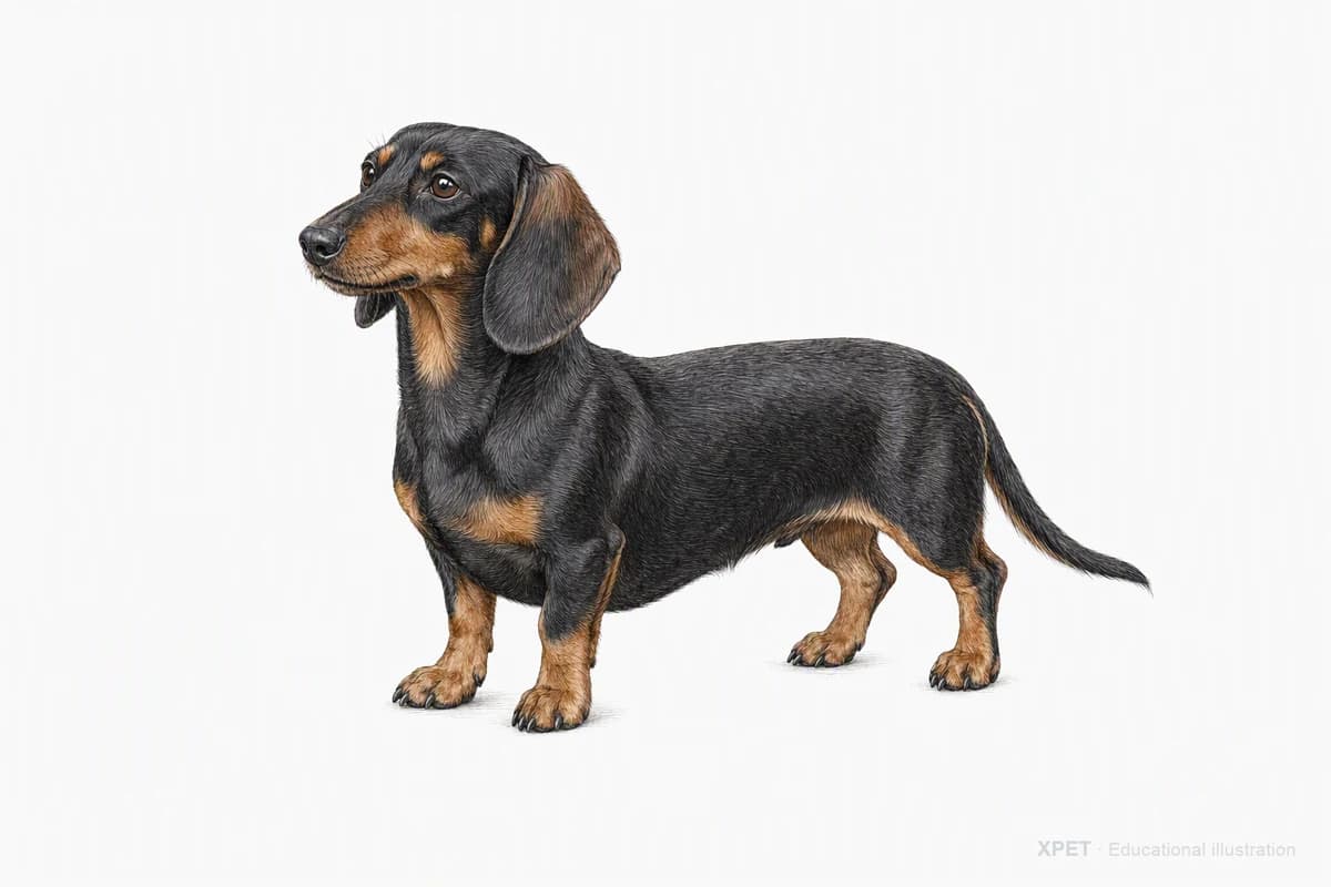 Original XPET engraving and watercolor illustration of Dachshund: a complete three-quarter standing view.