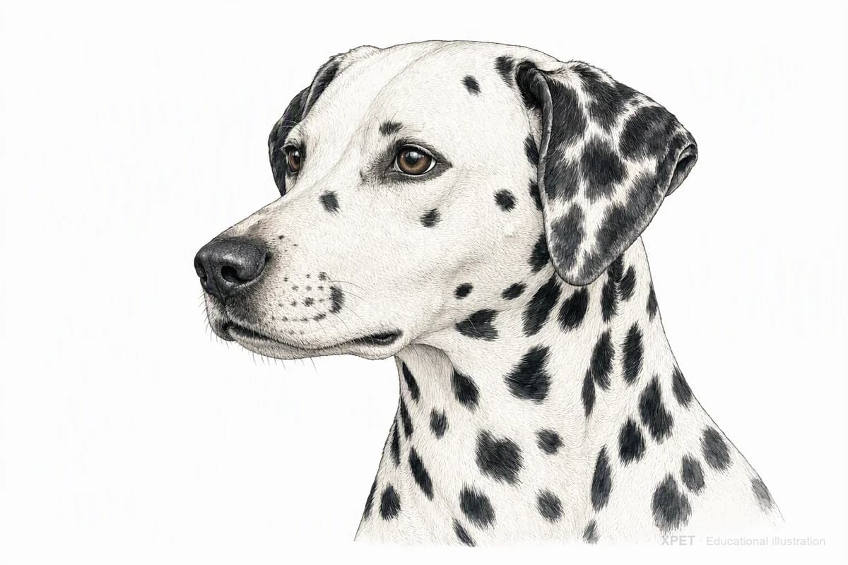 Original XPET engraving and watercolor illustration of Dalmatian: a head and coat detail study.
