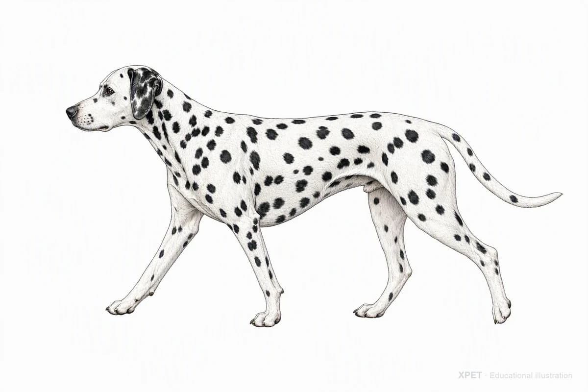 Original XPET engraving and watercolor illustration of Dalmatian: a natural movement study.