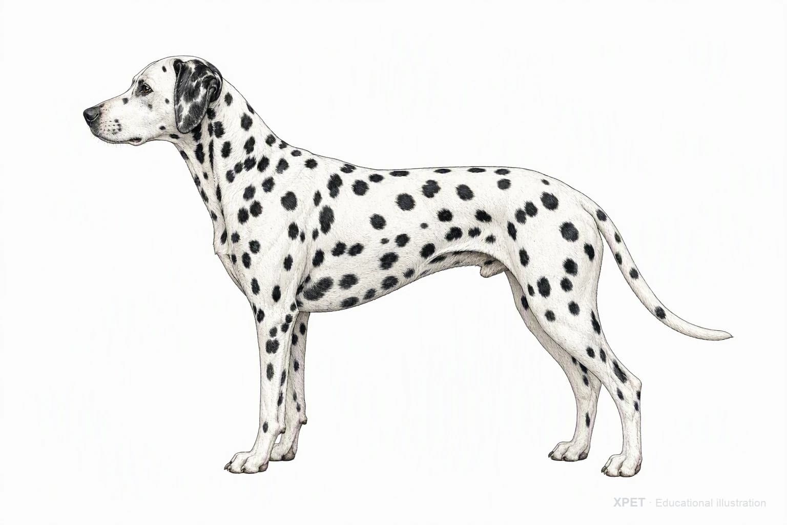 Original XPET engraving and watercolor illustration of Dalmatian: an adult in left-facing profile.
