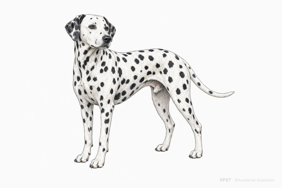 Original XPET engraving and watercolor illustration of Dalmatian: a complete three-quarter standing view.