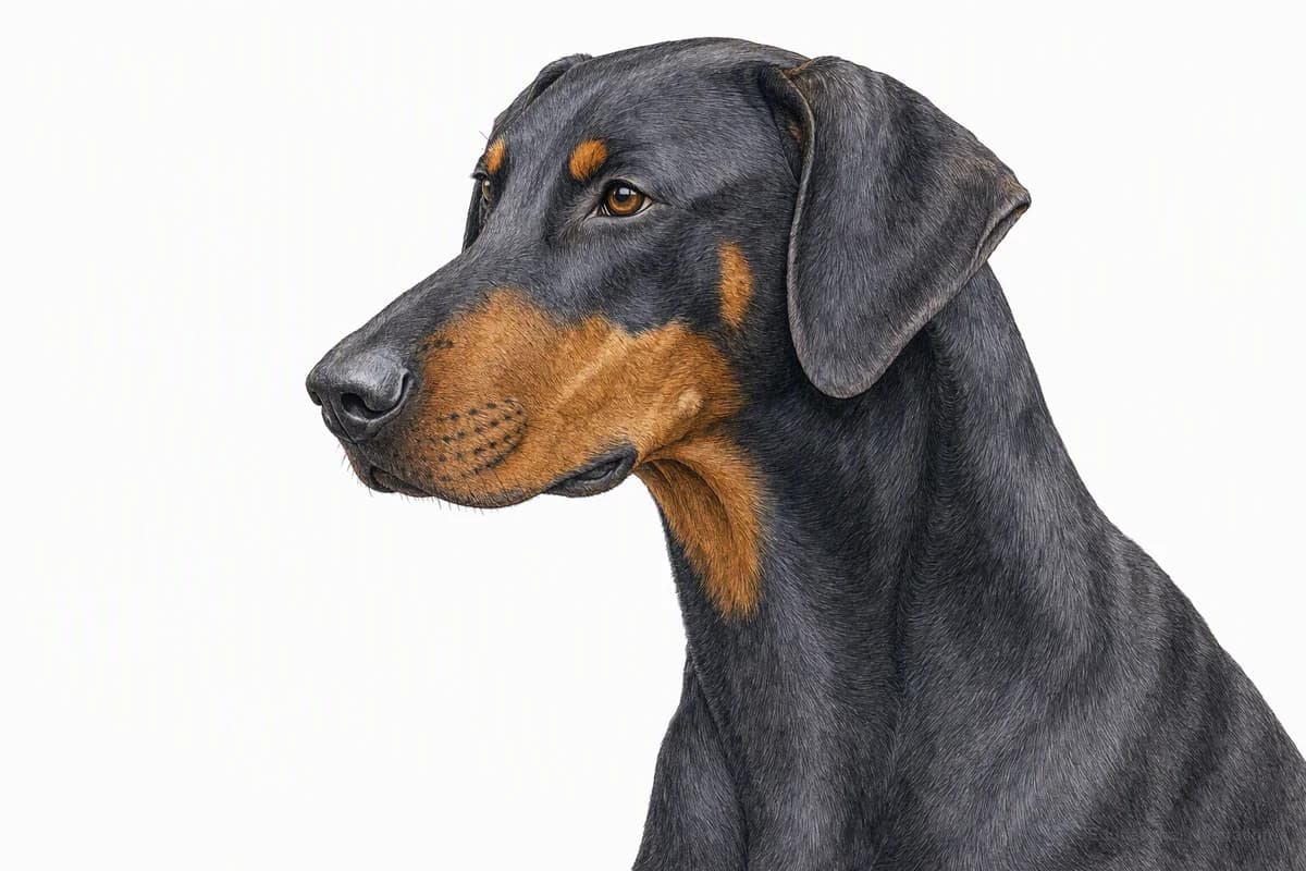 Original XPET engraving and watercolor illustration of Doberman Pinscher: a head and coat detail study.