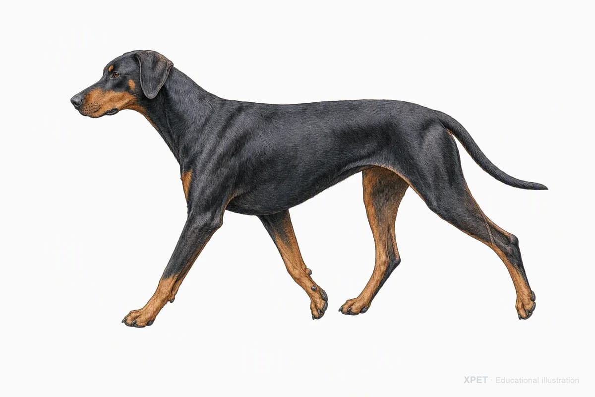 Original XPET engraving and watercolor illustration of Doberman Pinscher: a natural movement study.