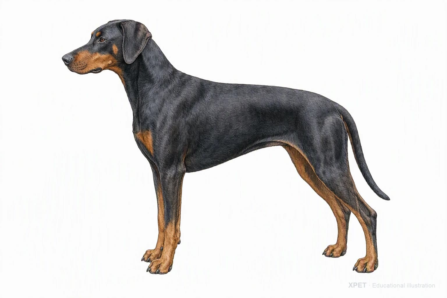Original XPET engraving and watercolor illustration of Doberman Pinscher: an adult in left-facing profile.