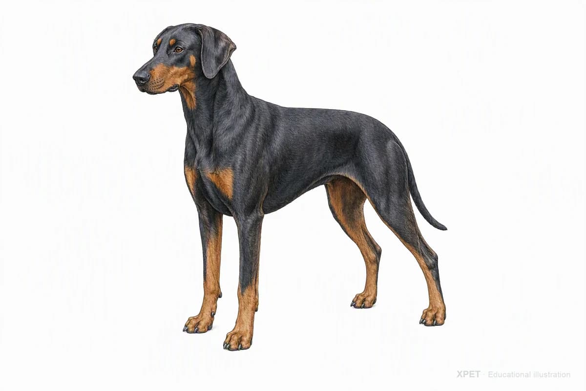 Original XPET engraving and watercolor illustration of Doberman Pinscher: a complete three-quarter standing view.