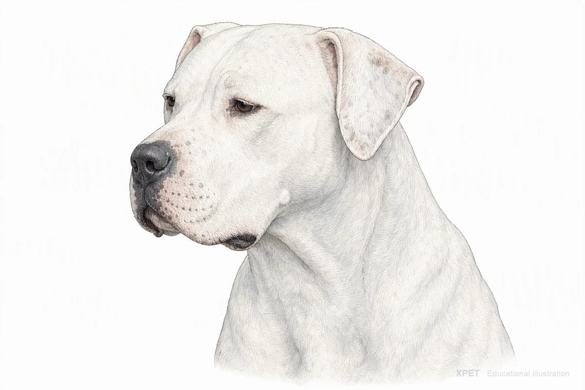 Original XPET engraving and watercolor illustration of Dogo Argentino: a head and coat detail study.