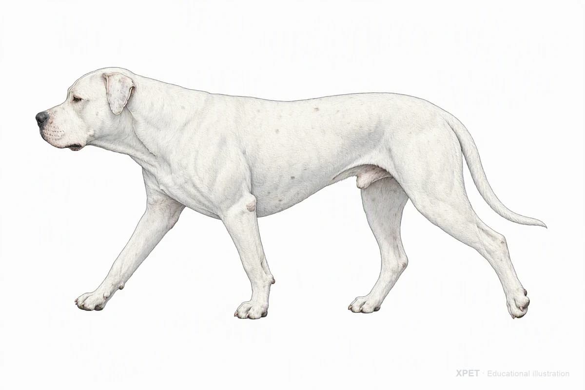 Original XPET engraving and watercolor illustration of Dogo Argentino: a natural movement study.