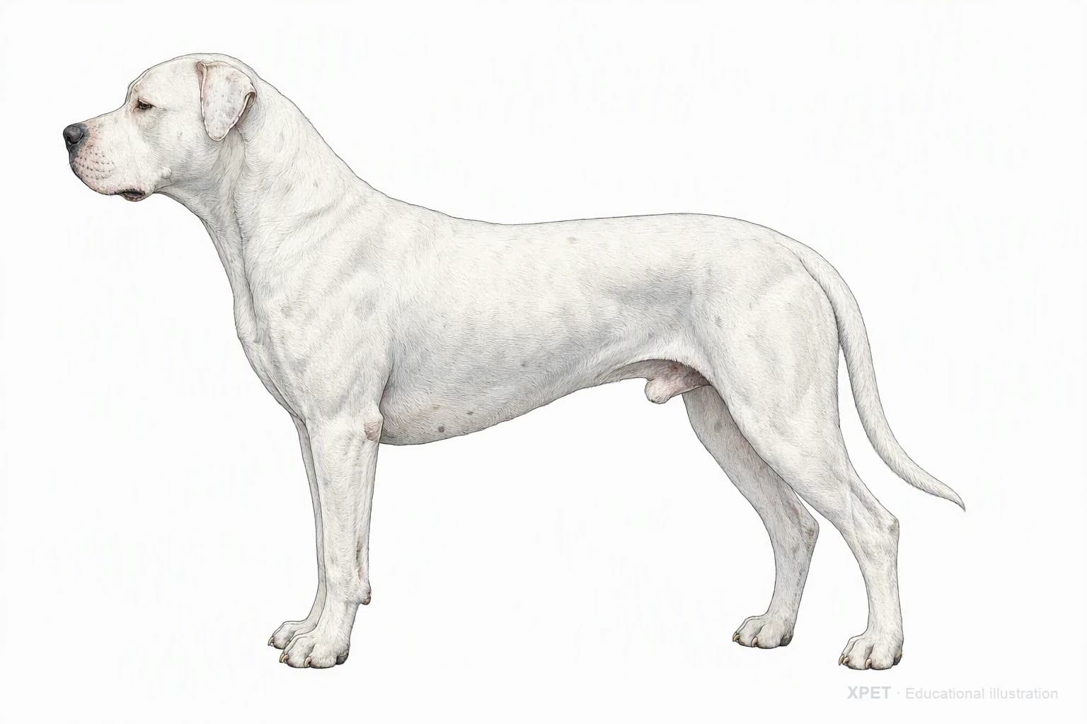 Original XPET engraving and watercolor illustration of Dogo Argentino: an adult in left-facing profile.