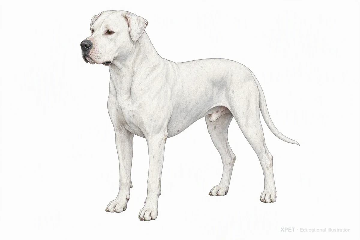 Original XPET engraving and watercolor illustration of Dogo Argentino: a complete three-quarter standing view.