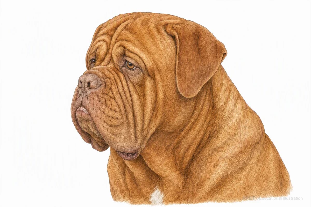 Original XPET engraving and watercolor illustration of Dogue de Bordeaux: a head and coat detail study.
