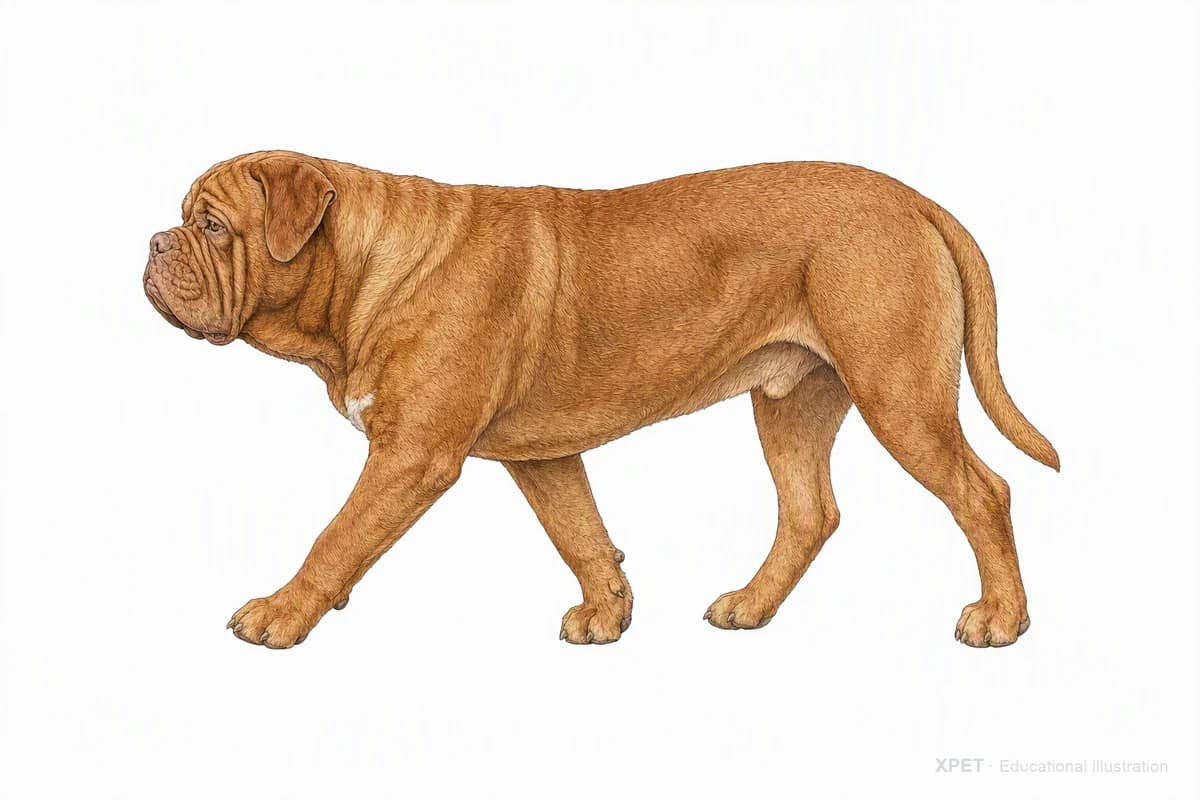 Original XPET engraving and watercolor illustration of Dogue de Bordeaux: a natural movement study.