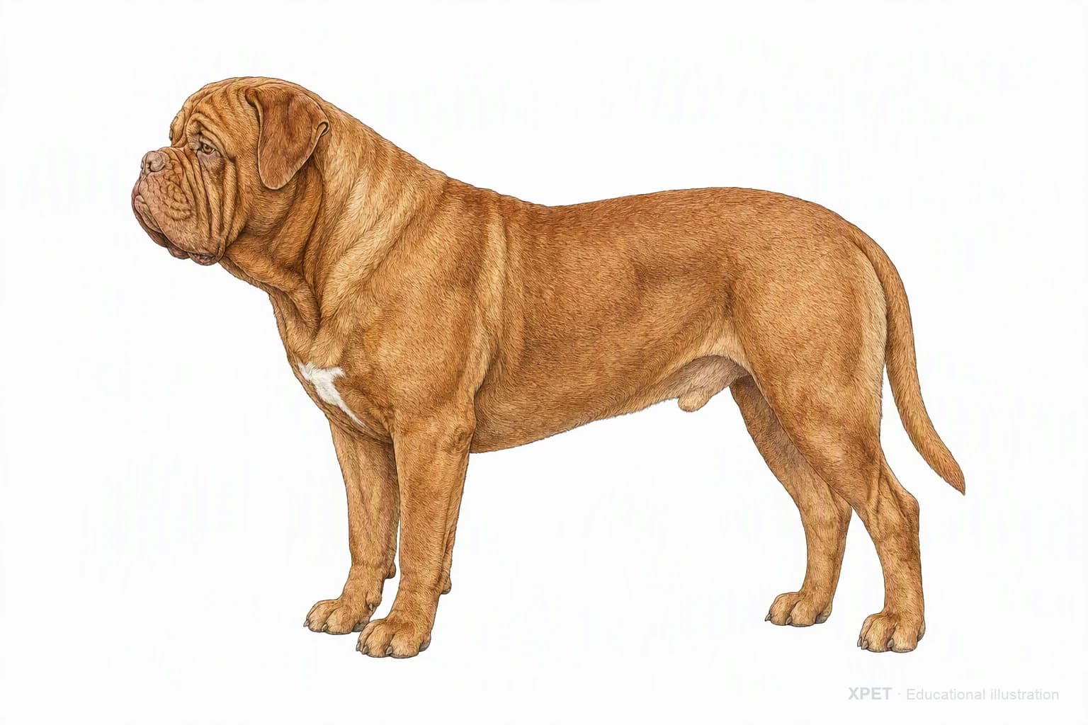 Original XPET engraving and watercolor illustration of Dogue de Bordeaux: an adult in left-facing profile.