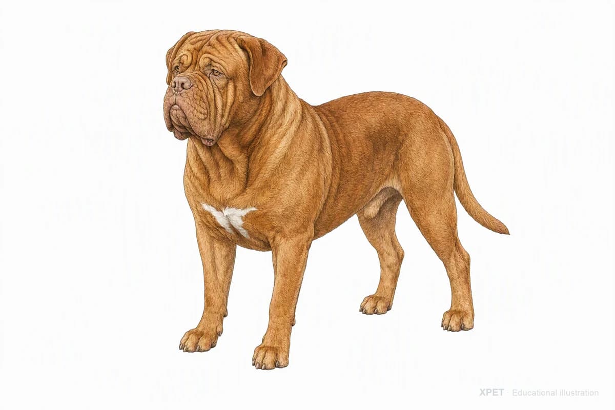 Original XPET engraving and watercolor illustration of Dogue de Bordeaux: a complete three-quarter standing view.