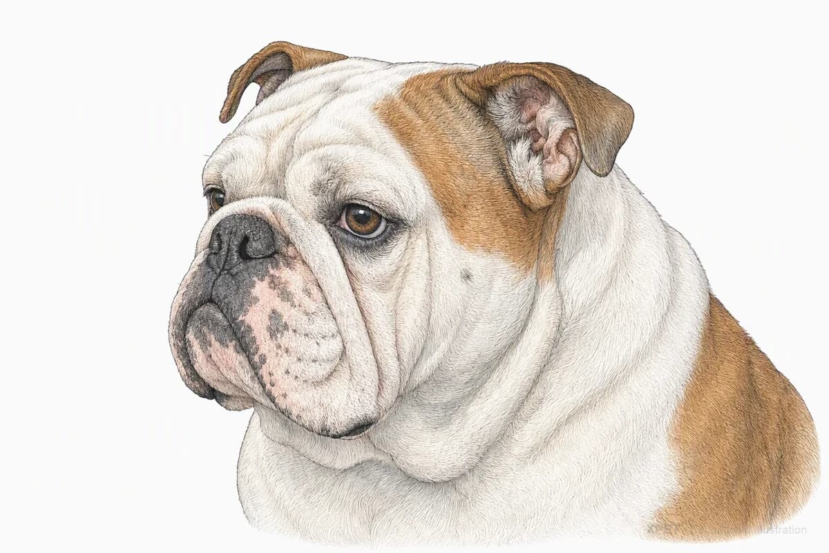 Original XPET engraving and watercolor illustration of English Bulldog: a head and coat detail study.
