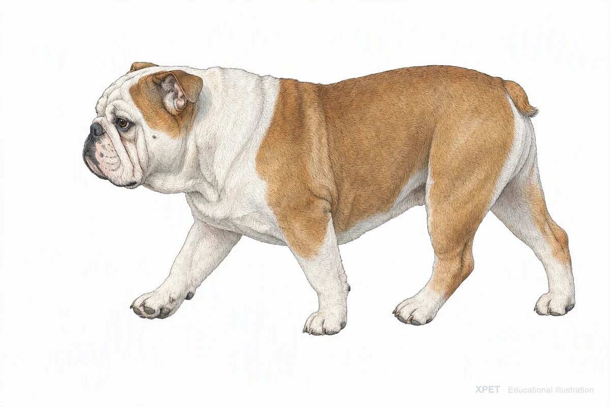 Original XPET engraving and watercolor illustration of English Bulldog: a natural movement study.