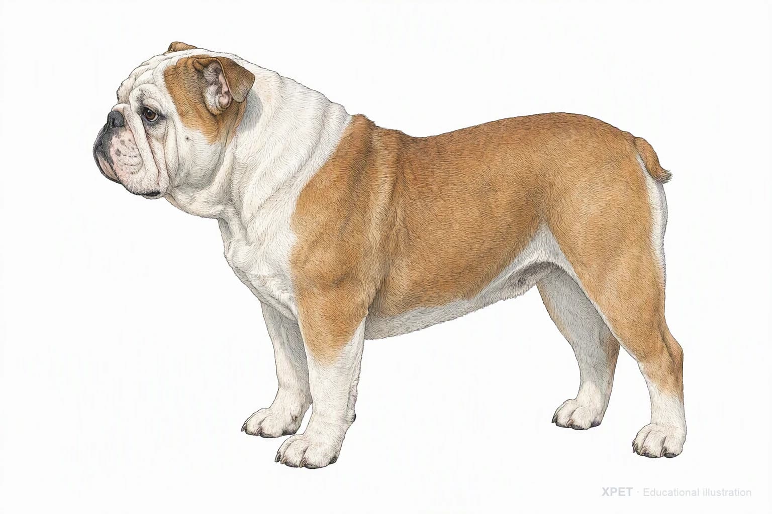 Original XPET engraving and watercolor illustration of English Bulldog: an adult in left-facing profile.