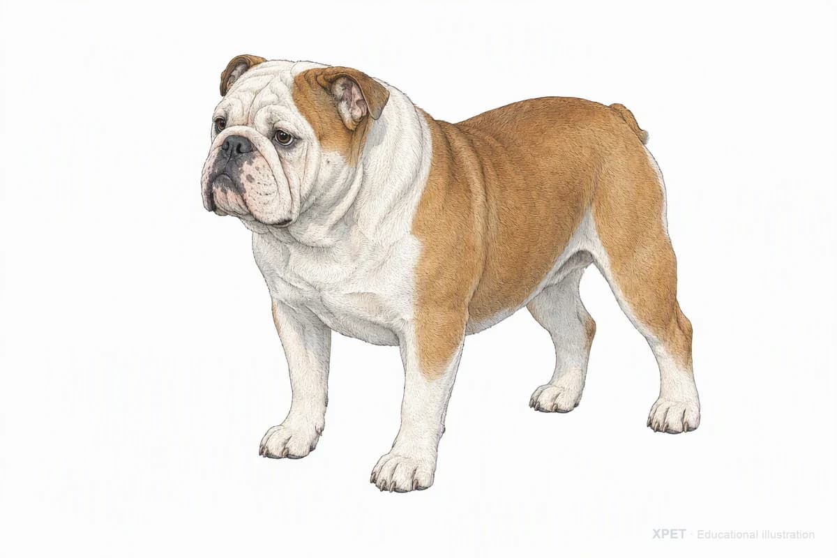 Original XPET engraving and watercolor illustration of English Bulldog: a complete three-quarter standing view.