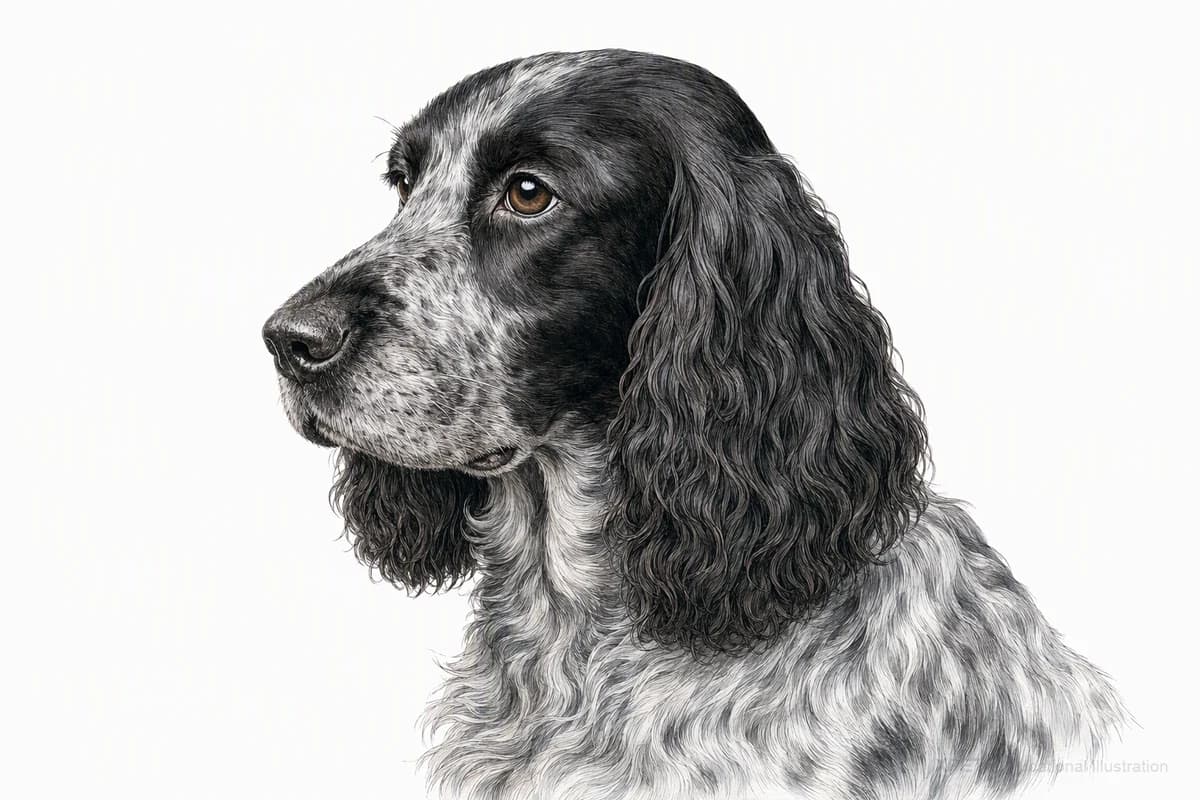 Original XPET engraving and watercolor illustration of English Cocker Spaniel: a head and coat detail study.