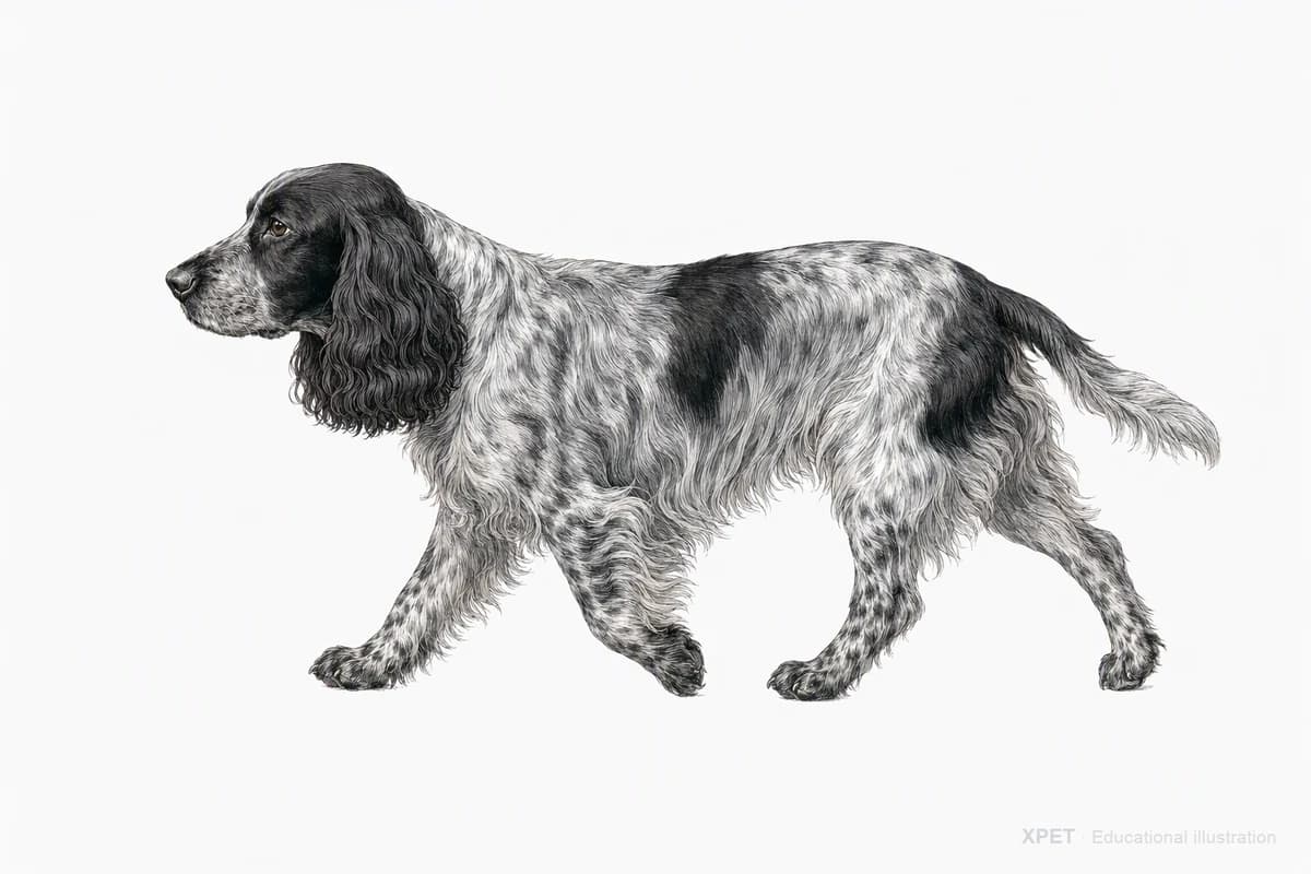 Original XPET engraving and watercolor illustration of English Cocker Spaniel: a natural movement study.