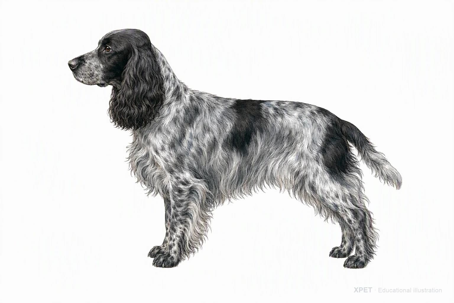 Original XPET engraving and watercolor illustration of English Cocker Spaniel: an adult in left-facing profile.