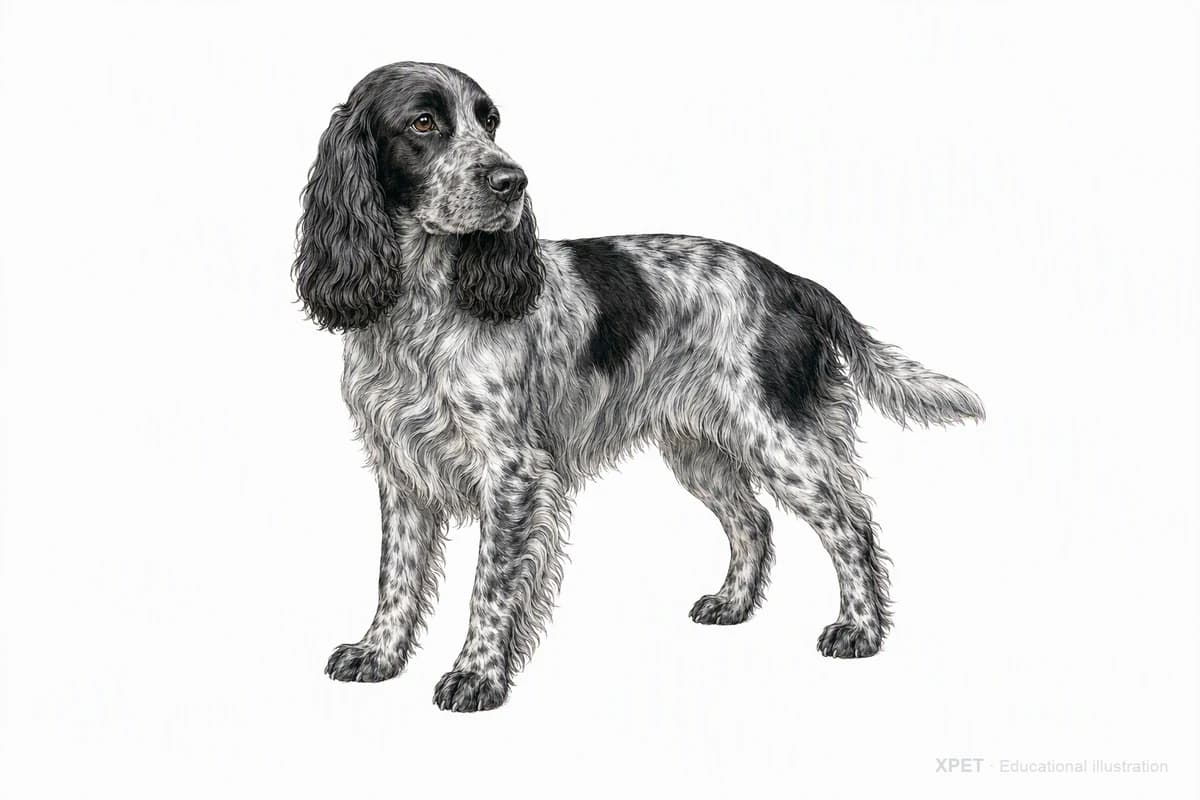 Original XPET engraving and watercolor illustration of English Cocker Spaniel: a complete three-quarter standing view.