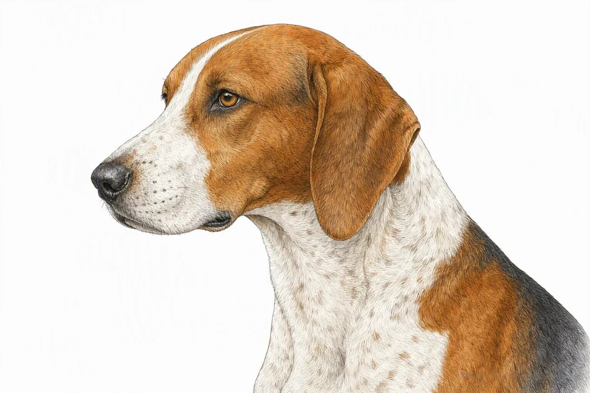 Original XPET engraving and watercolor illustration of English Foxhound: a head and coat detail study.