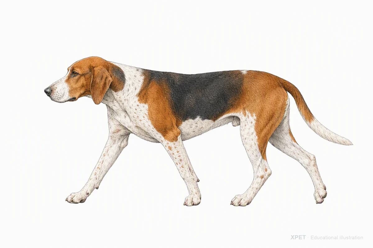 Original XPET engraving and watercolor illustration of English Foxhound: a natural movement study.