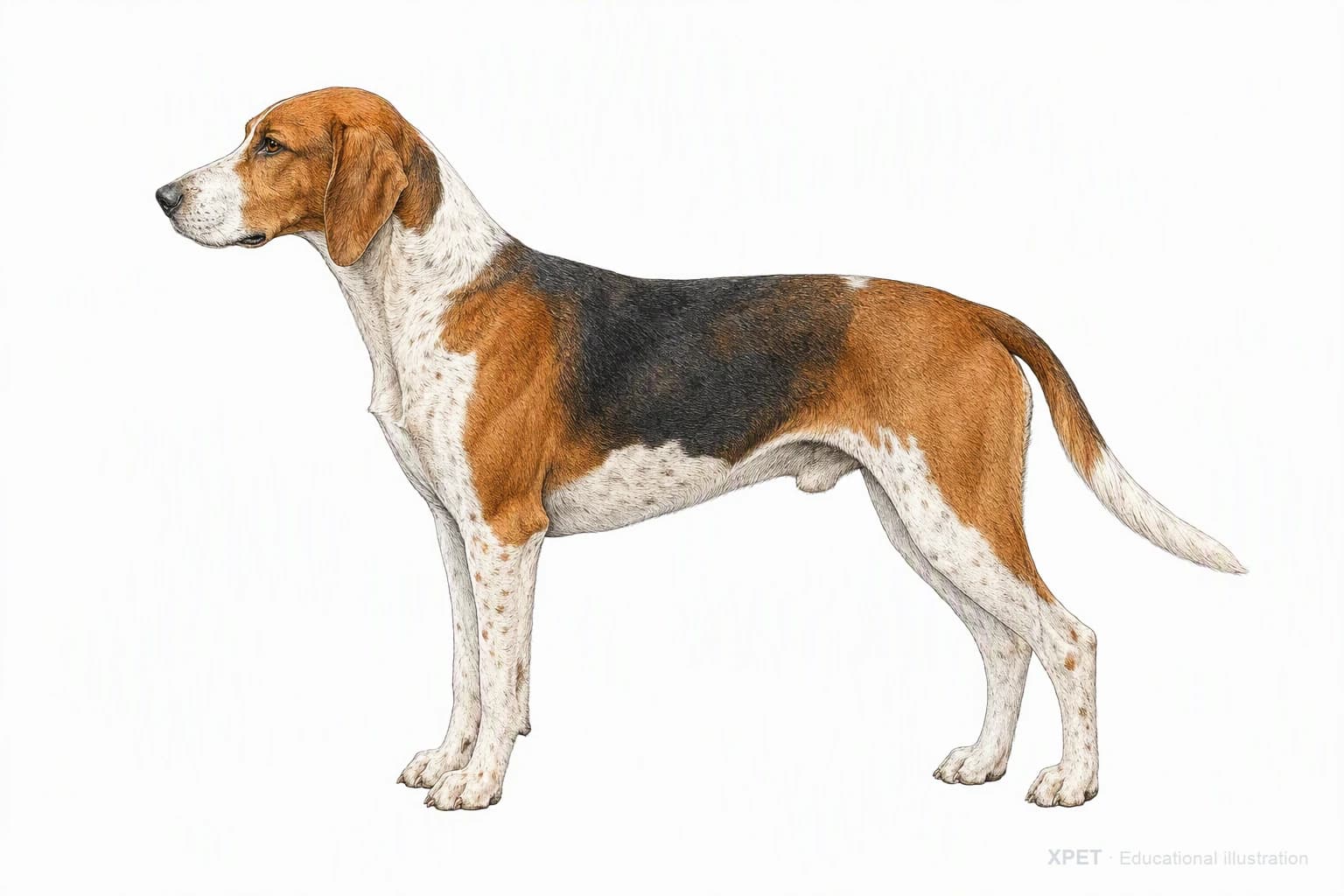 Original XPET engraving and watercolor illustration of English Foxhound: an adult in left-facing profile.