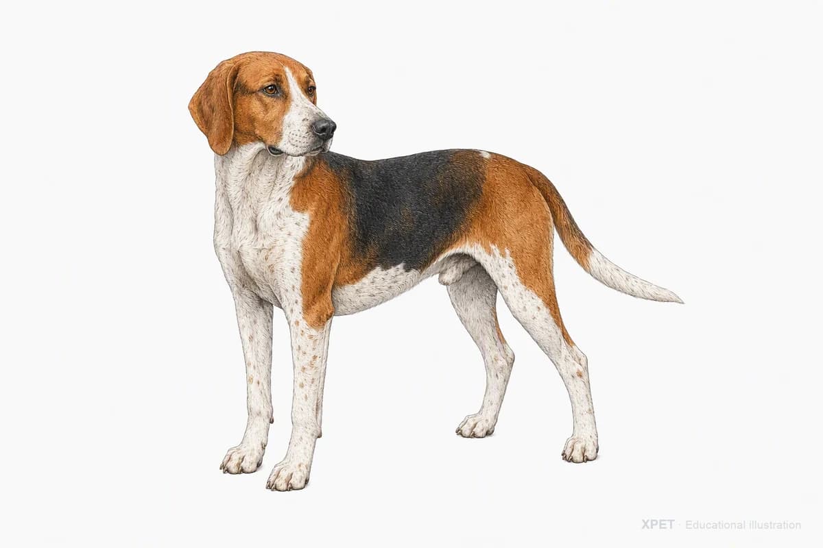 Original XPET engraving and watercolor illustration of English Foxhound: a complete three-quarter standing view.