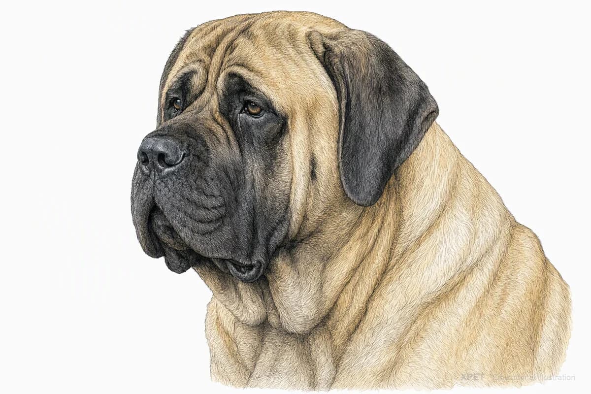 Original XPET engraving and watercolor illustration of English Mastiff: a head and coat detail study.