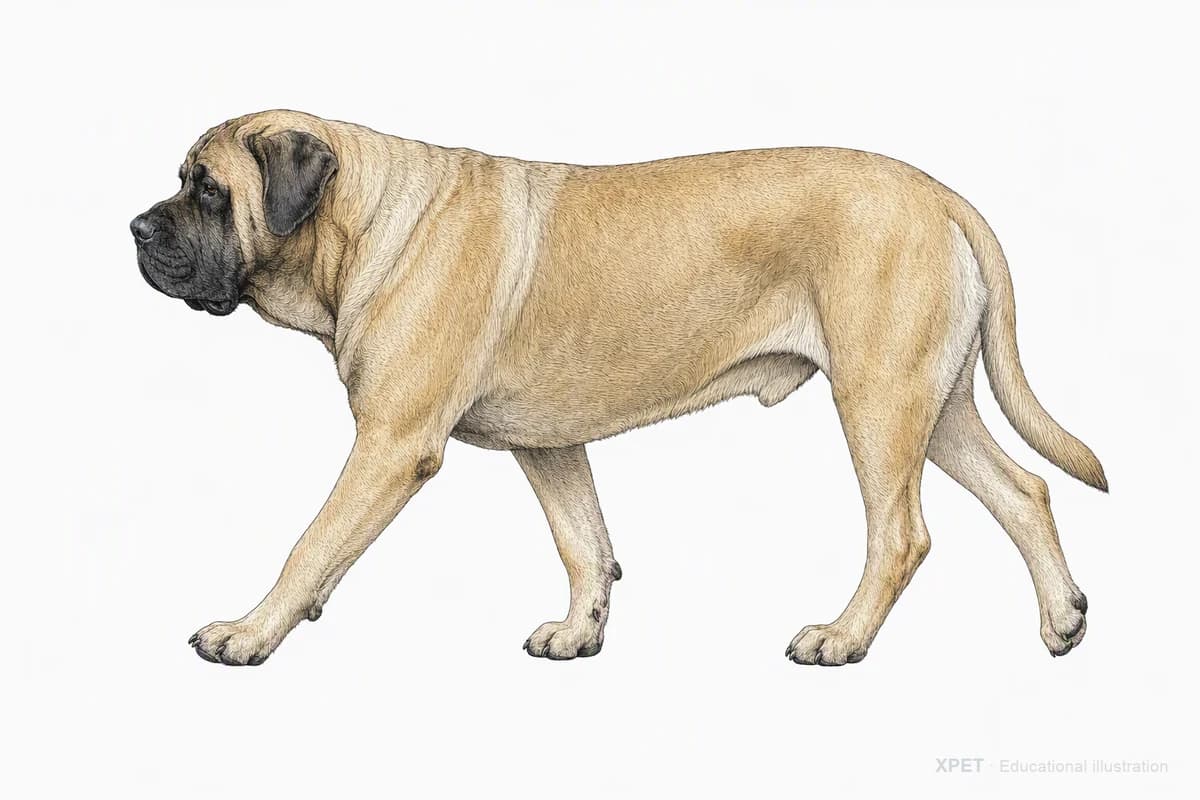 Original XPET engraving and watercolor illustration of English Mastiff: a natural movement study.