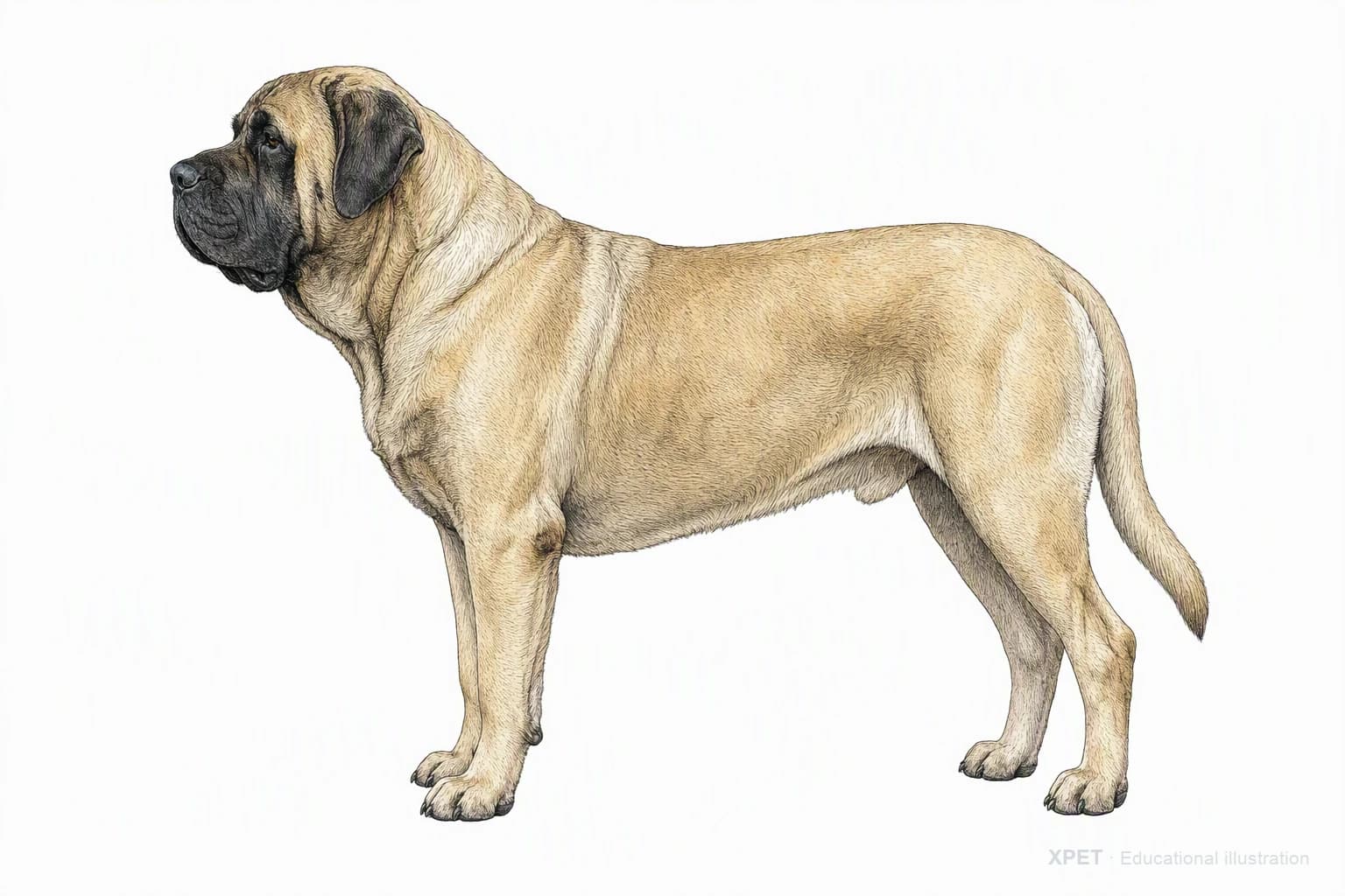 Original XPET engraving and watercolor illustration of English Mastiff: an adult in left-facing profile.