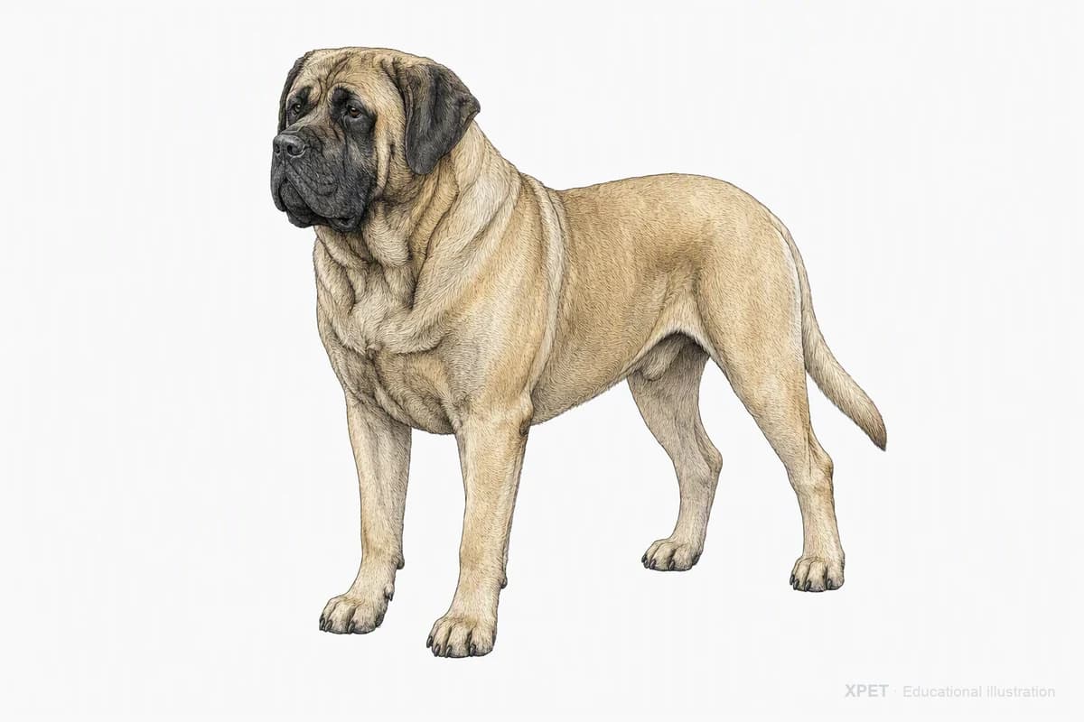 Original XPET engraving and watercolor illustration of English Mastiff: a complete three-quarter standing view.