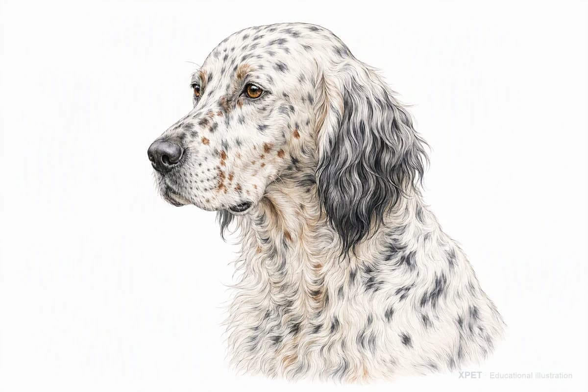 Original XPET engraving and watercolor illustration of English Setter: a head and coat detail study.