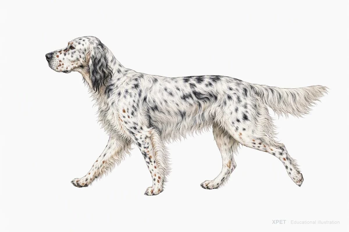 Original XPET engraving and watercolor illustration of English Setter: a natural movement study.