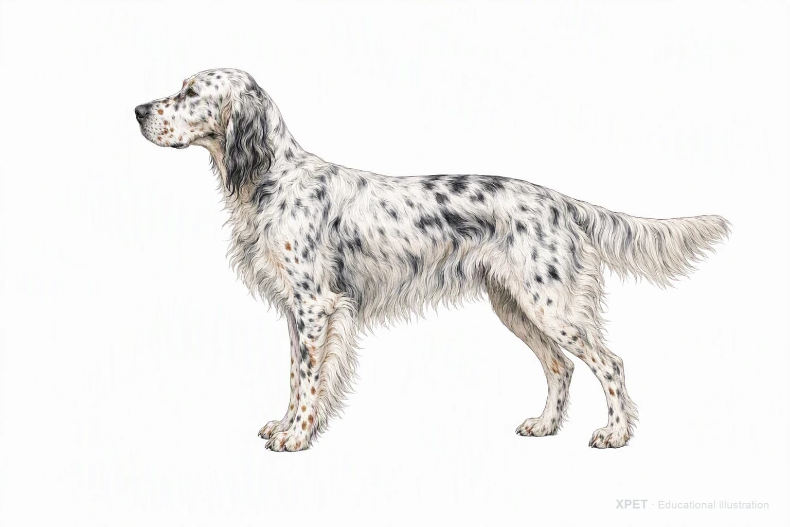 Original XPET engraving and watercolor illustration of English Setter: an adult in left-facing profile.
