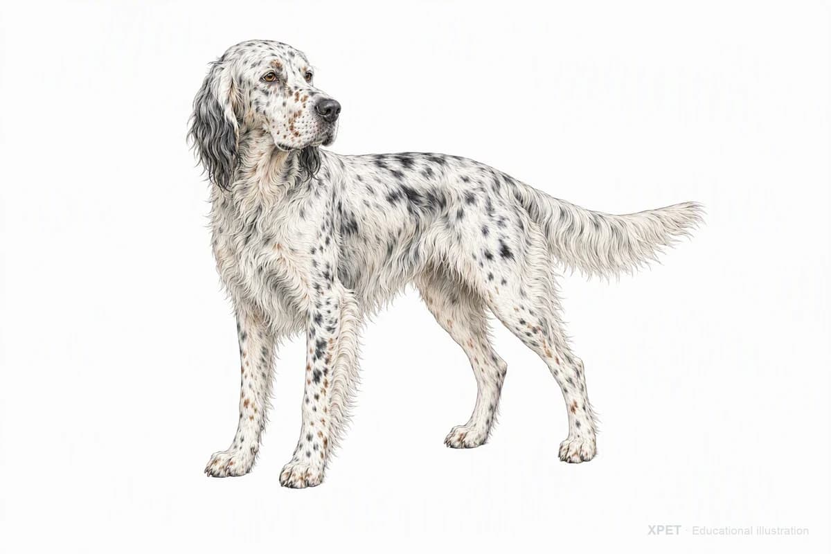 Original XPET engraving and watercolor illustration of English Setter: a complete three-quarter standing view.